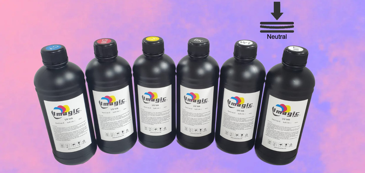NEUTRAL UV Printer Ink by Imagic Ink for Epson xp600 dx5 dx6 all colors CMYK + White and Varnish (Medium Ink)
