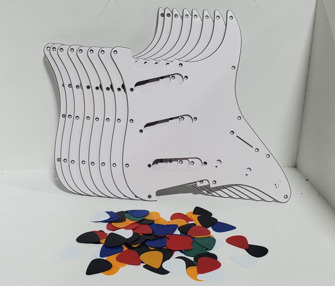 Lot of 8 White Blank Electric Guitar Pickguards and 99 Various Color Guitar Picks