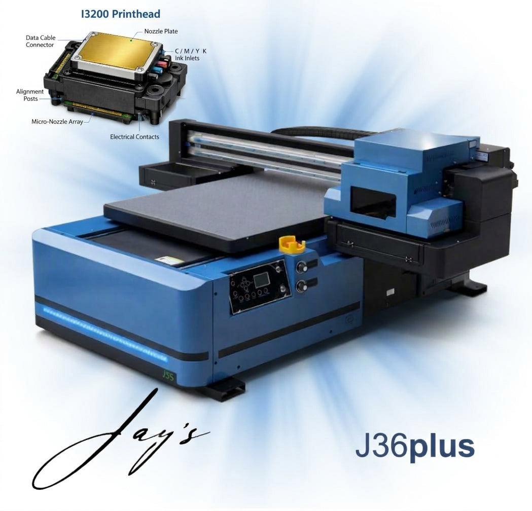 J36PLUS 24x36 inch Signature UV 3 head I3200 from Jay's printers flatbed printer larger then 6090